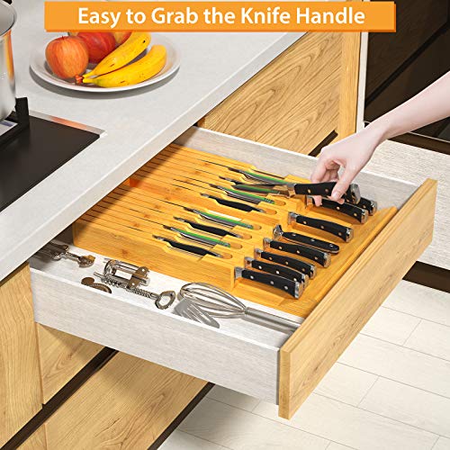 Bambüsi In-Drawer Knife Block - Bamboo Knife Drawer Organizer for Kitchen |  Fits 5 Long + 6 Short Knives | Store Knives with Blades Pointing Down 