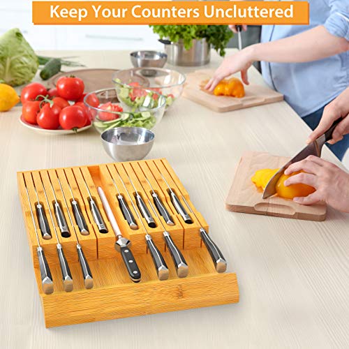 Bambüsi In-Drawer Knife Block - Bamboo Knife Drawer Organizer for Kitchen |  Fits 5 Long + 6 Short Knives | Store Knives with Blades Pointing Down 