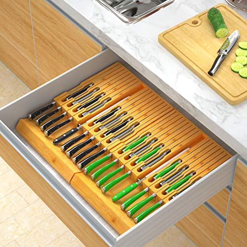 NIUXX In-Drawer Knife Block with 16 Knives, Bamboo Knife Organizer for Steak Knives, Chef Knives and Sharpener, Cutlery Holder with Detachable Knife